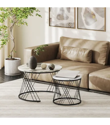 Juego de 2 Mesas Nido Mesas de Centro para Salón Redondas con Tablero con Diseño de Mármol Gris y Blanco