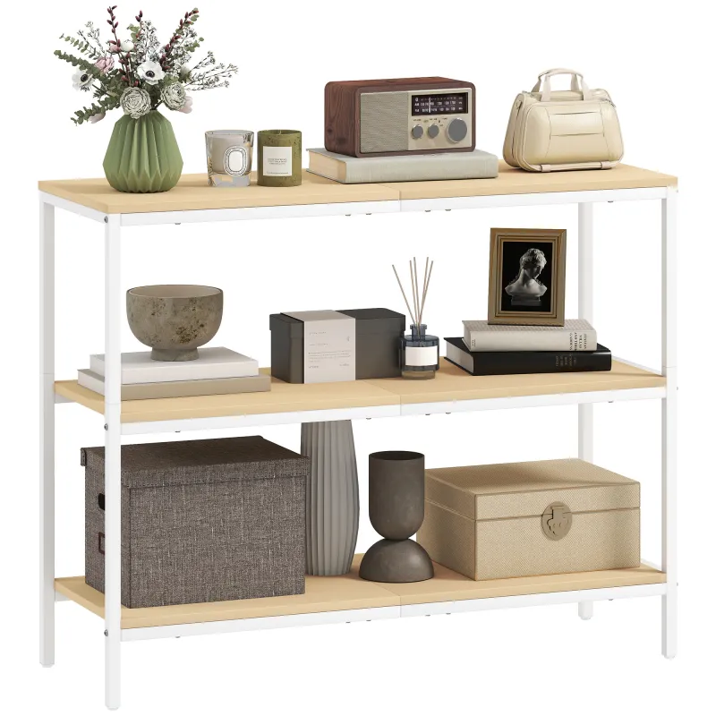 Consola de Recibidor con 3 Estantes Abiertos y Patas de Metal para Pasillo Entrada Salón Dormitorio Natural y Blanco