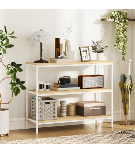 Consola de Recibidor con 3 Estantes Abiertos y Patas de Metal para Pasillo Entrada Salón Dormitorio Natural y Blanco
