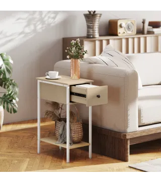 Mesa Auxiliar Estrecha con Cajón Estante Abierto y Estructura Metálica para Salón Dormitorio 25x39,8x58,2 cm Natural