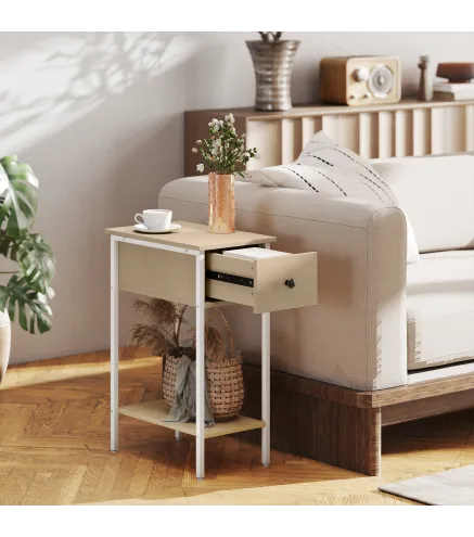 Mesa Auxiliar Estrecha con Cajón Estante Abierto y Estructura Metálica para Salón Dormitorio 25x39,8x58,2 cm Natural