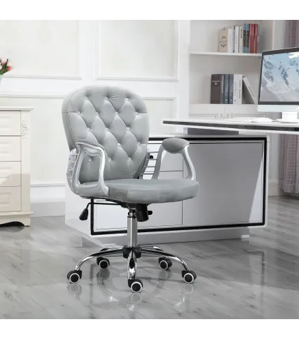 Silla de Escritorio de Terciopelo con Altura Ajustable Reposabrazos y Decoraciones de Diamantes 59,5x60,5x93-103 cm Gris
