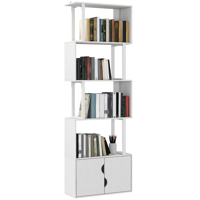 Librería de 5 Niveles en Forma de S con 5 Estantes y 2 Puertas para Sala de Estar Oficina 60x23,8x179,2 cm Blanco