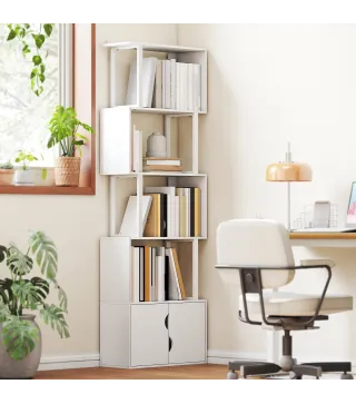 Librería de 5 Niveles en Forma de S con 5 Estantes y 2 Puertas para Sala de Estar Oficina 60x23,8x179,2 cm Blanco