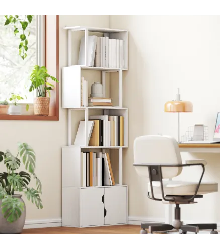 Librería de 5 Niveles en Forma de S con 5 Estantes y 2 Puertas para Sala de Estar Oficina 60x23,8x179,2 cm Blanco