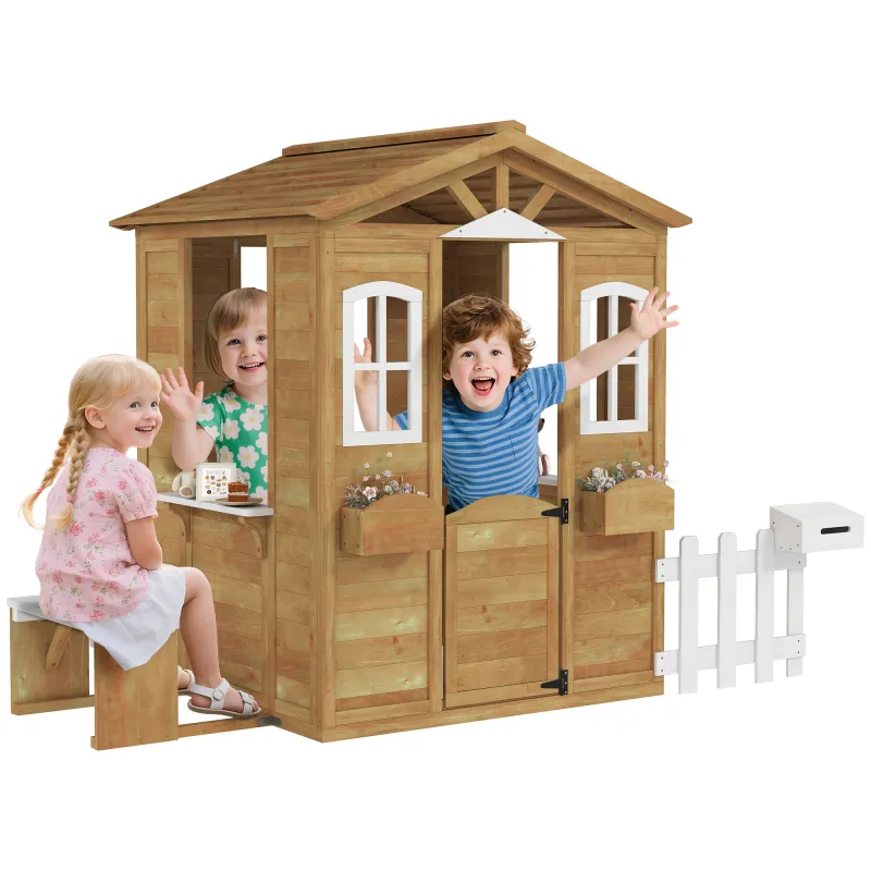 Casita Infantil Exterior de Madera con Buzón Ventanas Jardinera Mostrador y Banco para Niños a Partir de 3 Años Natural
