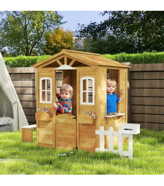 Casita Infantil Exterior de Madera con Buzón Ventanas Jardinera Mostrador y Banco para Niños a Partir de 3 Años Natural