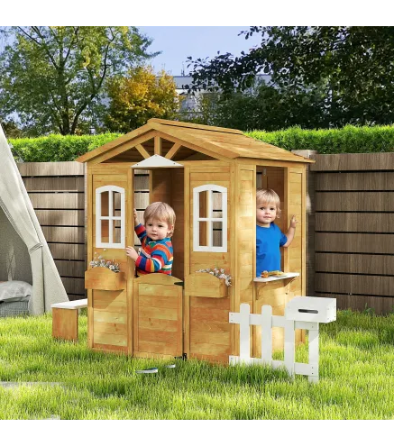 Casita Infantil Exterior de Madera con Buzón Ventanas Jardinera Mostrador y Banco para Niños a Partir de 3 Años Natural