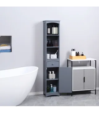 Armario Alto de Baño Estrecho con 1 Cajón y 3 Estantes Abiertos Estilo Moderno 34x24x170 cm Gris