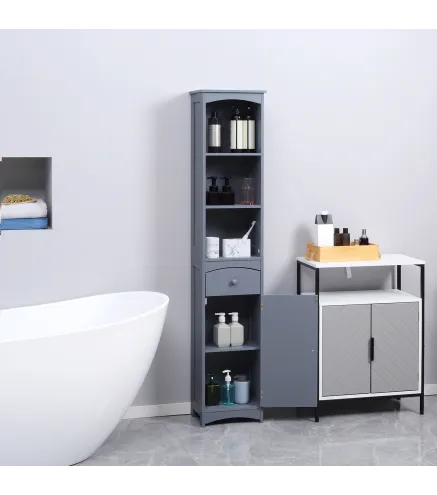 Armario Alto de Baño Estrecho con 1 Cajón y 3 Estantes Abiertos Estilo Moderno 34x24x170 cm Gris