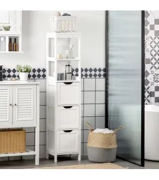 Armario Alto de Baño Estrecho con 3 Cajones y 2 Estantes Abiertos Estilo Moderno 30x30x141,6 cm Blanco