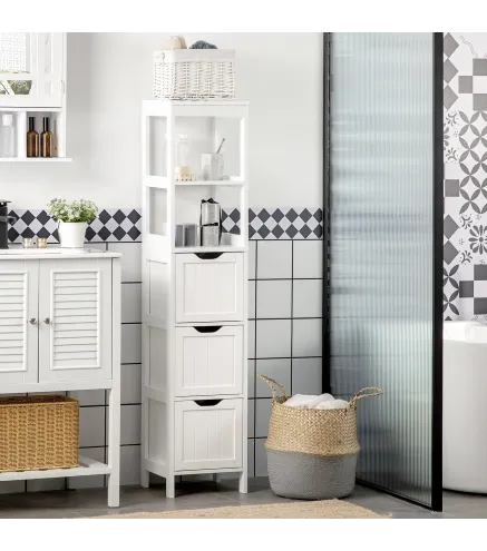Armario Alto de Baño Estrecho con 3 Cajones y 2 Estantes Abiertos Estilo Moderno 30x30x141,6 cm Blanco