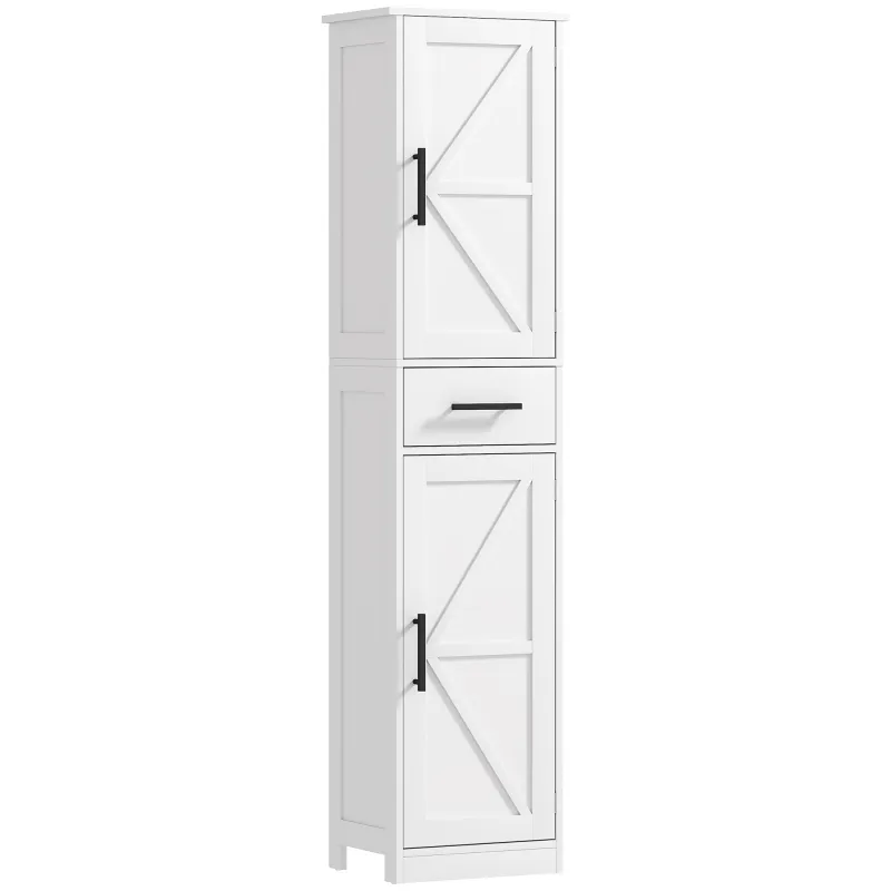 Armario Alto de Baño Estrecho con 2 Puertas 1 Cajón y 2 Estantes Ajustables Estilo Rústico 40x30x170 cm Blanco