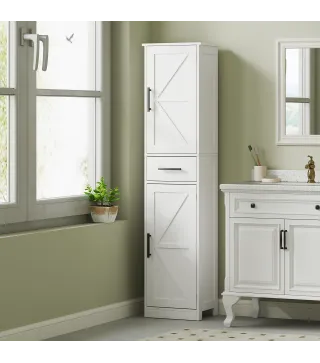 Armario Alto de Baño Estrecho con 2 Puertas 1 Cajón y 2 Estantes Ajustables Estilo Rústico 40x30x170 cm Blanco