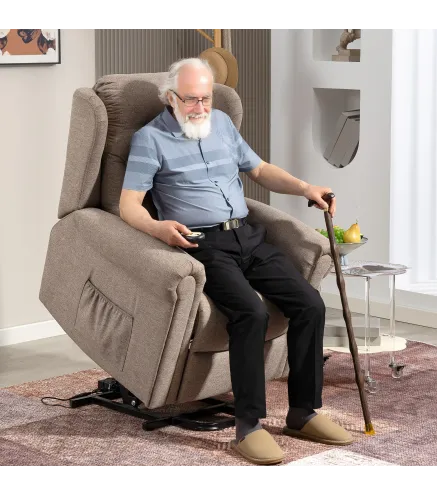 Sillón Relax Reclinable Eléctrico Levanta Personas con Respaldo Alto Capitoné Control Remoto Marrón Claro