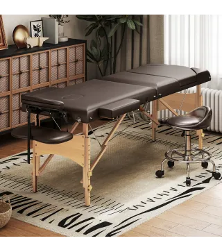 Camilla Masaje Plegable de Madera de 3 Zonas con Altura Respaldo Reposacabezas Ajustables Brazos 215x60x64-89 cm Marrón