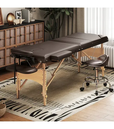Camilla Masaje Plegable de Madera de 3 Zonas con Altura Respaldo Reposacabezas Ajustables Brazos 215x60x64-89 cm Marrón