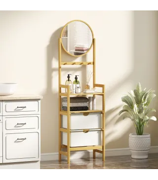 Estantería de Baño de Bambú con Espejo con 4 Ganchos 2 Estantes Abiertos y 2 Cajones de Tela 48,5x30x170 cm Natural