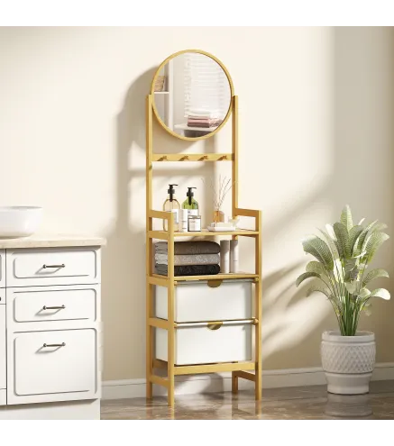 Estantería de Baño de Bambú con Espejo con 4 Ganchos 2 Estantes Abiertos y 2 Cajones de Tela 48,5x30x170 cm Natural