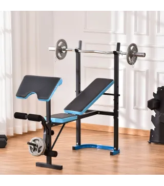 Banco de Musculación Banco de Pesas con Soporte para Barra y Respaldo Ajustable para Entrenamiento en Casa Gimnasio Azul