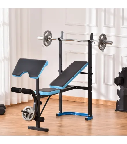 Banco de Musculación Banco de Pesas con Soporte para Barra y Respaldo Ajustable para Entrenamiento en Casa Gimnasio Azul