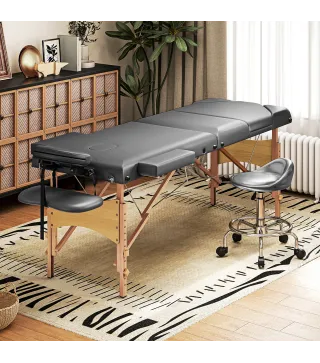 Camilla Masaje Plegable de Madera de 3 Zonas con Altura Respaldo Reposacabezas Ajustables Brazos 215x60x62-89 cm Gris
