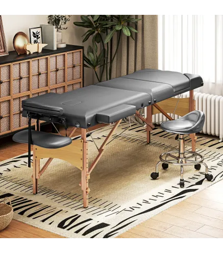 Camilla Masaje Plegable de Madera de 3 Zonas con Altura Respaldo Reposacabezas Ajustables Brazos 215x60x64-89 cm Gris