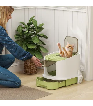 Arenero Cerrado para Gatos con Entrada Frontal Salida Superior Bandeja Extraíble y Pala 40,5x52,5x42,5 cm Blanco y Verde