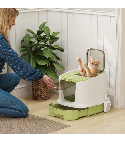 Arenero Cerrado para Gatos con Entrada Frontal Salida Superior Bandeja Extraíble y Pala 40,5x52,5x42,5 cm Blanco y Verde
