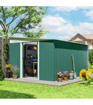 Cobertizo de Jardín Exterior 8,9 m² 280x345x201 cm con Puerta y 2 Ventanas para Almacenamiento de Herramientas Verde