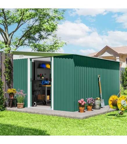 Cobertizo de Jardín Exterior 8,9 m² 280x345x201 cm con Puerta y 2 Ventanas para Almacenamiento de Herramientas Verde