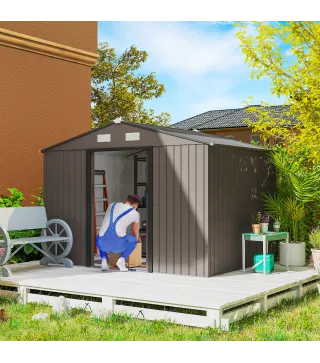 Cobertizo de Jardín 4,9 m² 277x195x192 cm con 2 Puertas Corredizas Techo Inclinado y 4 Ventanas Marrón