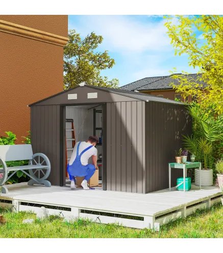 Cobertizo de Jardín 4,9 m² 277x195x192 cm con 2 Puertas Corredizas Techo Inclinado y 4 Ventanas Marrón