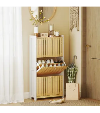 Zapatero Estrecho con 3 Puertas de Bambú con Listones Estantes Ajustables para 18 Pares de Zapatos Blanco y Natural