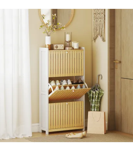 Zapatero Estrecho con 3 Puertas de Bambú con Listones Estantes Ajustables para 18 Pares de Zapatos Blanco y Natural