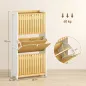 Zapatero Estrecho con 3 Puertas de Bambú con Listones Estantes Ajustables para 18 Pares de Zapatos Blanco y Natural