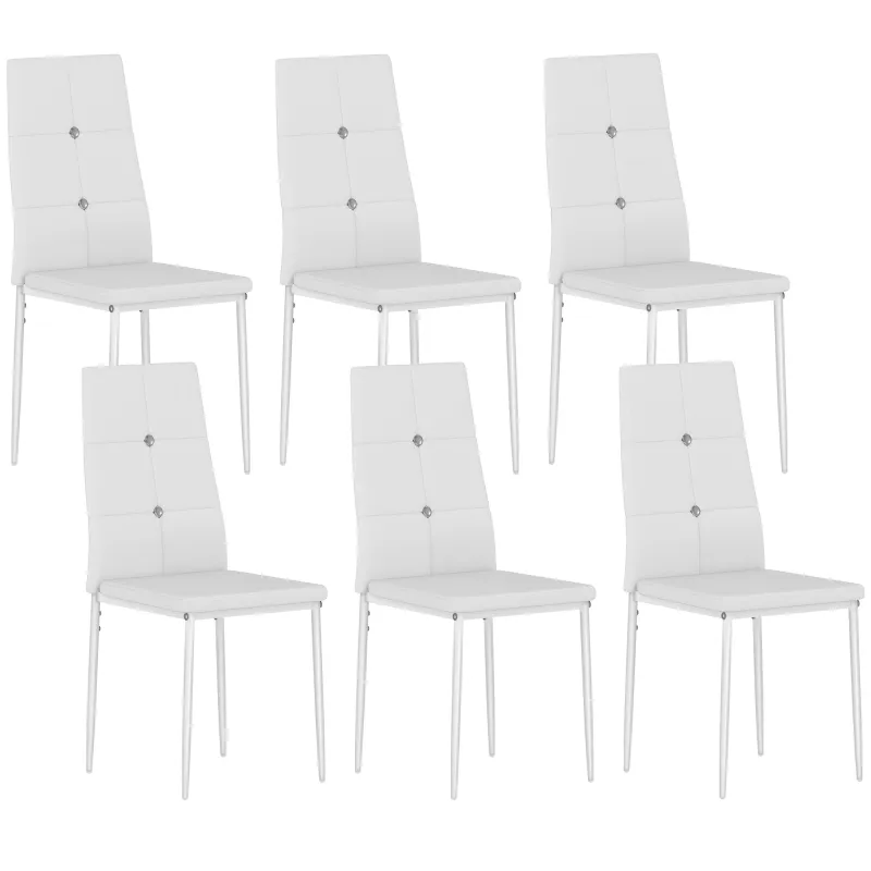Juego de 6 Sillas de Comedor Tapizada en PU con Respaldo Alto con Botones y Patas de Acero Diseño Moderno Blanco