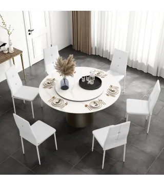Juego de 6 Sillas de Comedor Tapizada en PU con Respaldo Alto con Botones y Patas de Acero Diseño Moderno Blanco