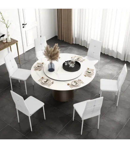 Juego de 6 Sillas de Comedor Tapizada en PU con Respaldo Alto con Botones y Patas de Acero Diseño Moderno Blanco