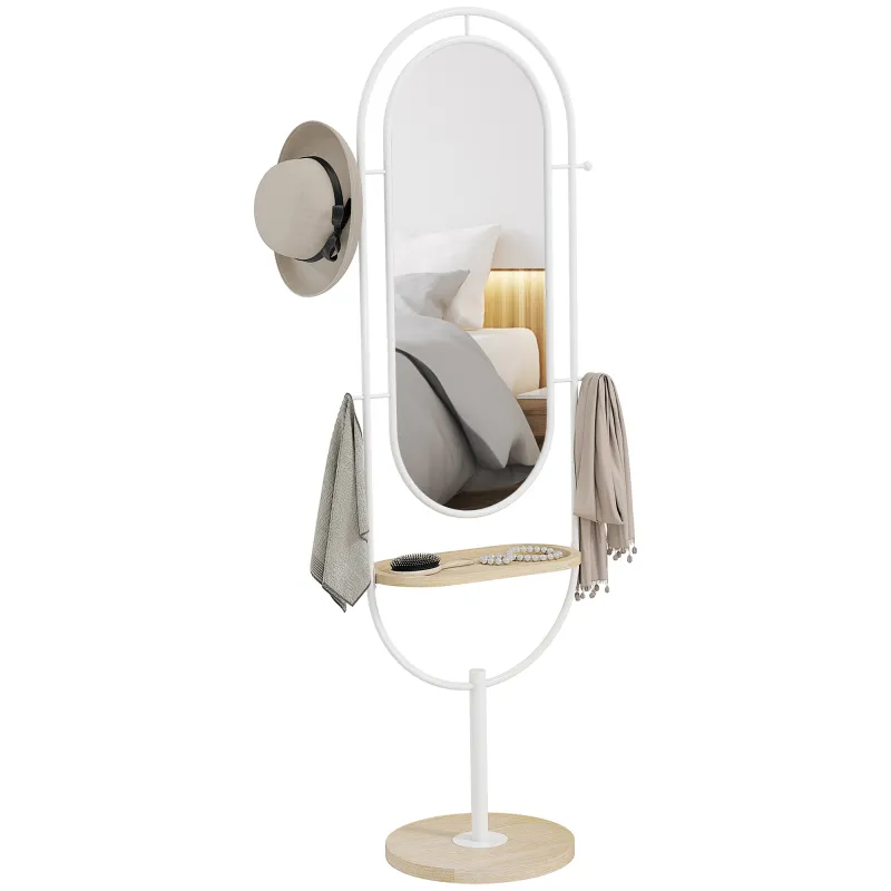 Espejo de Cuerpo Entero 175,5x50 cm con Bandeja de Madera 4 Ganchos y Marco de Metal para Salón Dormitorio Blanco