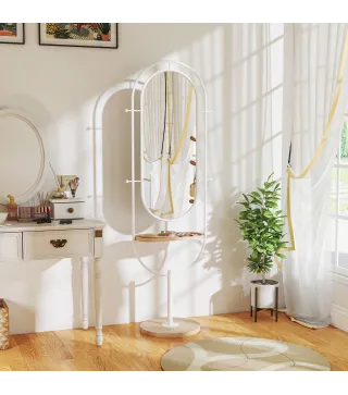 Espejo de Cuerpo Entero 175,5x50 cm con Bandeja de Madera 4 Ganchos y Marco de Metal para Salón Dormitorio Blanco