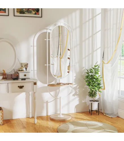 Espejo de Cuerpo Entero 175,5x50 cm con Bandeja de Madera 4 Ganchos y Marco de Metal para Salón Dormitorio Blanco