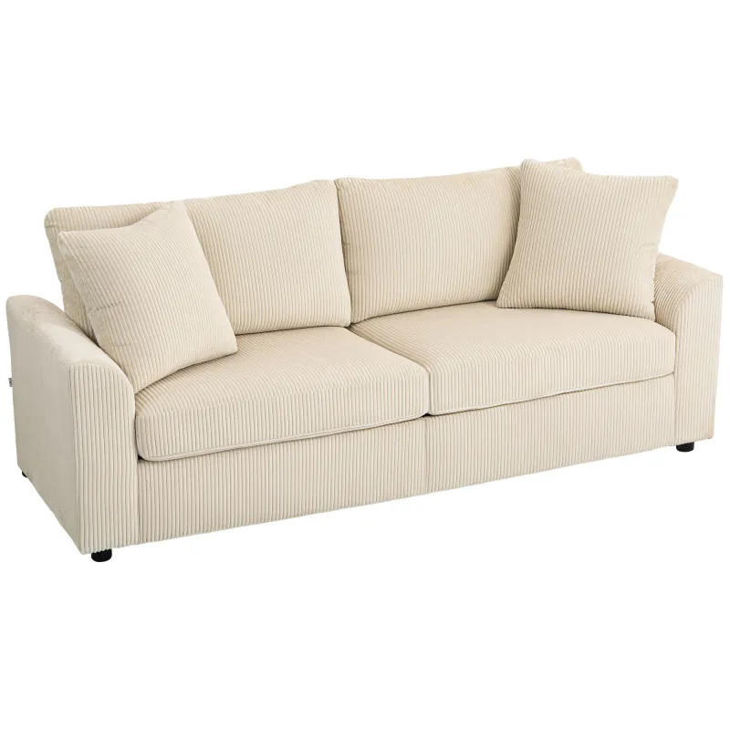 Sofá de 3 Plazas Tapizado en Pana con 2 Almohadas Reposabrazos y Cojín de Muelles para Salón 212x80x88 cm Crema Sofá de 3 Plazas Tapizado en Pana con 2 Almohadas Reposabrazos y Cojín de Muelles para Salón 212x80x88 cm Crema
