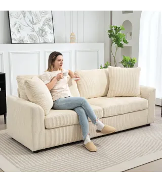 Sofá de 3 Plazas Tapizado en Pana con 2 Almohadas Reposabrazos y Cojín de Muelles para Salón 212x80x88 cm Crema