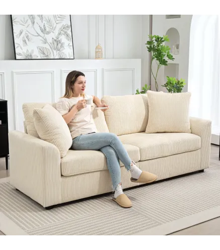 Sofá de 3 Plazas Tapizado en Pana con 2 Almohadas Reposabrazos y Cojín de Muelles para Salón 212x80x88 cm Crema