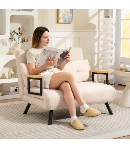 Sofá Cama Convertible 3 en 1 Sillón Cama 2 Plazas Plegable Respaldo Ajustable de 5 Niveles Almohadas 102x73x81cm Beige