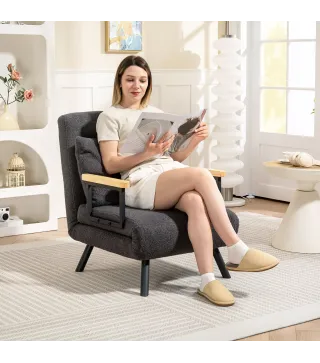 Sofá Cama Individual Plegable Silla Cama Convertible 4 en 1 Respaldo Ajustable de 5 Niveles y Almohada 63x73x81 cm Gris