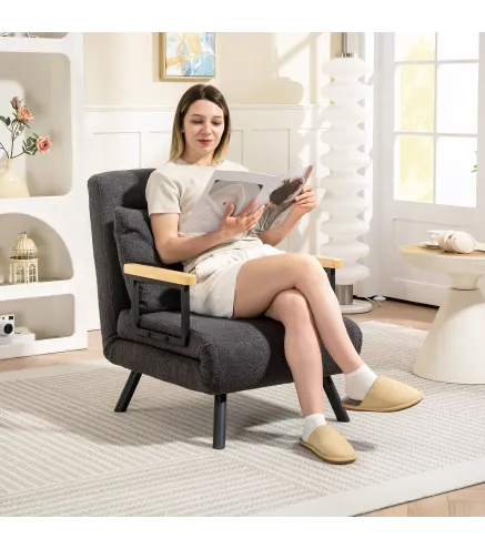 Sofá Cama Individual Plegable Silla Cama Convertible 4 en 1 Respaldo Ajustable de 5 Niveles y Almohada 63x73x81 cm Gris