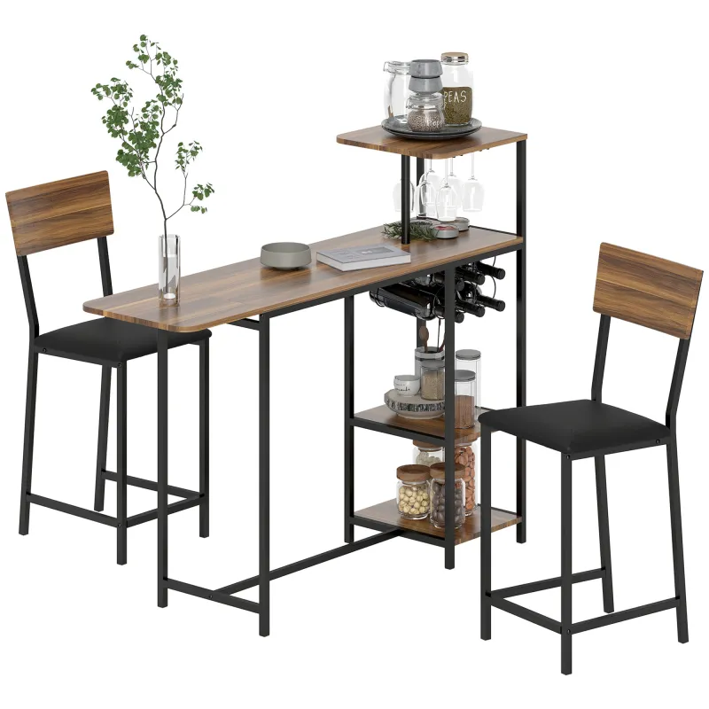 Conjunto de Mesa de Bar con Laterales Abatibles Soporte para Vinos y 2 Taburetes de Estilo Industrial Marrón y Negro