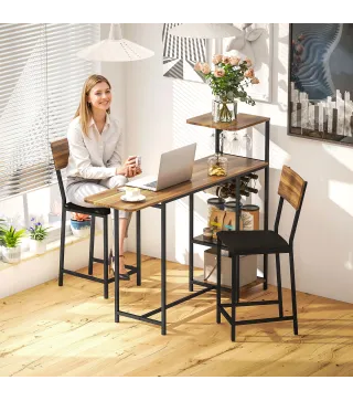 Conjunto de Mesa de Bar con Laterales Abatibles Soporte para Vinos y 2 Taburetes de Estilo Industrial Marrón y Negro